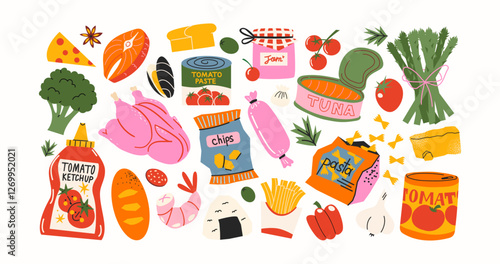 Basic food products from the supermarket. Grocery goods, dishes, baked goods, drinks, delicacies, ingredients. Fresh grocery products vegetables and fruits. Doodle cartoon retro supermarket stickers.