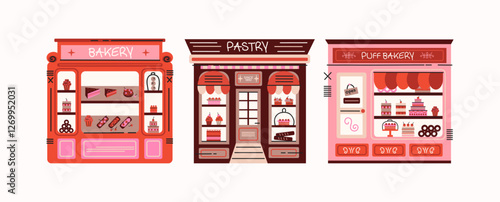 Confectionery street fair stalls. Candy shop market. Cartoon illustration of stalls with sweets, pastries, cakes and cookies. Vector sweet houses