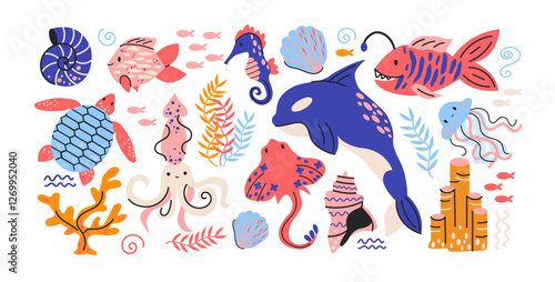 Set stickers with sea animals fish and corals. Cartoon underwater set. Ocean plants, whale, shark. Retro doodle groovy design