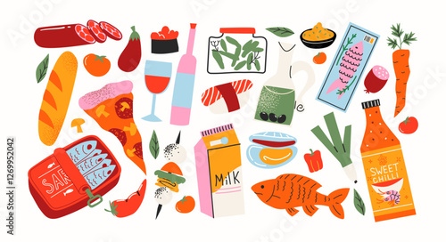 Basic food products from the supermarket. Grocery goods, dishes, baked goods, drinks, delicacies, ingredients. Fresh grocery products vegetables and fruits. Doodle cartoon retro supermarket stickers