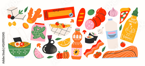 Basic food products from the supermarket. Grocery goods, dishes, baked goods, drinks, delicacies, ingredients. Fresh grocery products vegetables and fruits. Doodle cartoon retro supermarket stickers.