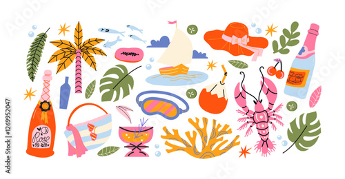 Cartoon summer stickers in retro 90s style. Summer party, vacation, beach season, shore, sun, swimwear. Bright groovy funky summer elements and shapes. Sticker pack of patches, labels, stamps,