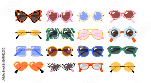 Sunglasses set, retro eyewear with unique frames. Cartoon doodle colorful designs, optical lenses, and sunglasses for fashion and summer vibes. Women’s accessories for a trendy look.