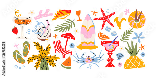 Cartoon summer stickers in retro 90s style. Summer party, vacation, beach season, shore, sun, swimwear. Bright groovy funky summer elements and shapes. Sticker pack of patches, labels, stamps,