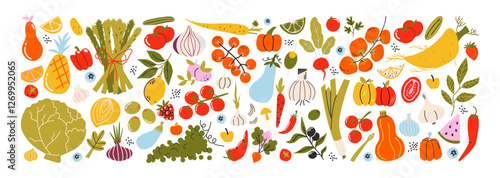 WebSet fresh vegetables. Agriculture produce, harvest. Ripe fresh organic food: tomatoes, cucumbers, broccoli, carrots, onions and other ingredients. Vegetarian stickers set