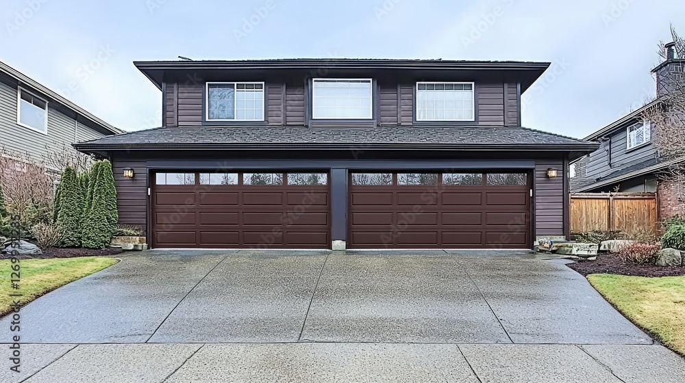 Suburban house, three-car garage, driveway, landscaping. Real estate listing Suburban house, three-car garage, driveway, landscaping. Real estate listing