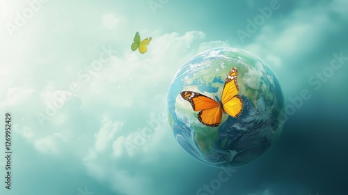 Beautiful butterfly flying near Earth in a blooming nature scene, symbolizing harmony, biodiversity, sustainability, and a hopeful vision for an eco-friendly planet, Generative AI photo