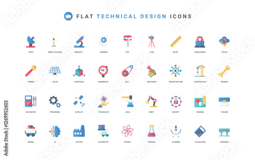 Engineering, industrial infrastructure development using science research, robots color icon set. Engineers planning and drafts, digital process automation with AI flat elements vector illustration