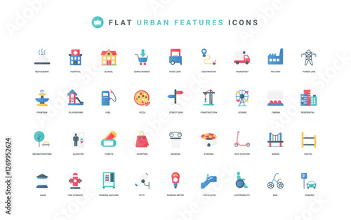Urban infrastructure and public buildings, city transport and road color icon set. Stadium and hospital, restaurant and park, accessibility for person with disability flat elements vector illustration