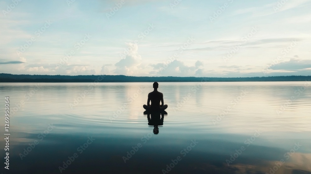 Person meditating on serene lake at dawn Person meditating on serene lake at dawn