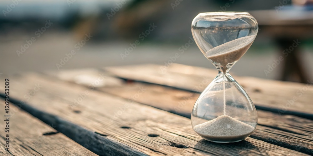 Sand flows slowly in an hourglass against a rustic wooden background during sunset light