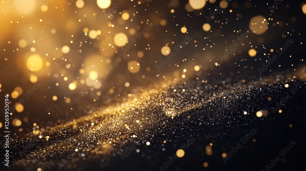 Obraz premium Golden glitter particles shimmer against a dark background, creating a magical and festive atmosphere.