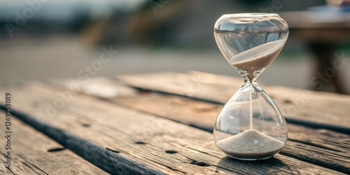 Obraz na płótnie Sand flows slowly in an hourglass against a rustic wooden background during sunset light w salonie