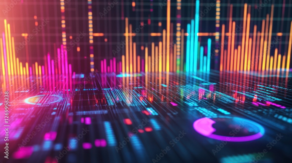 Abstract Technology Background with Data Visualization and Neon Lights Abstract Technology Background with Data Visualization and Neon Lights