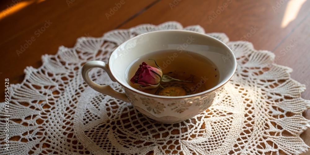 Delicate rose tea served in a porcelain cup on a lace doily in soft afternoon light