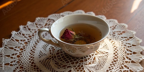 Delicate rose tea served in a porcelain cup on a lace doily in soft afternoon light