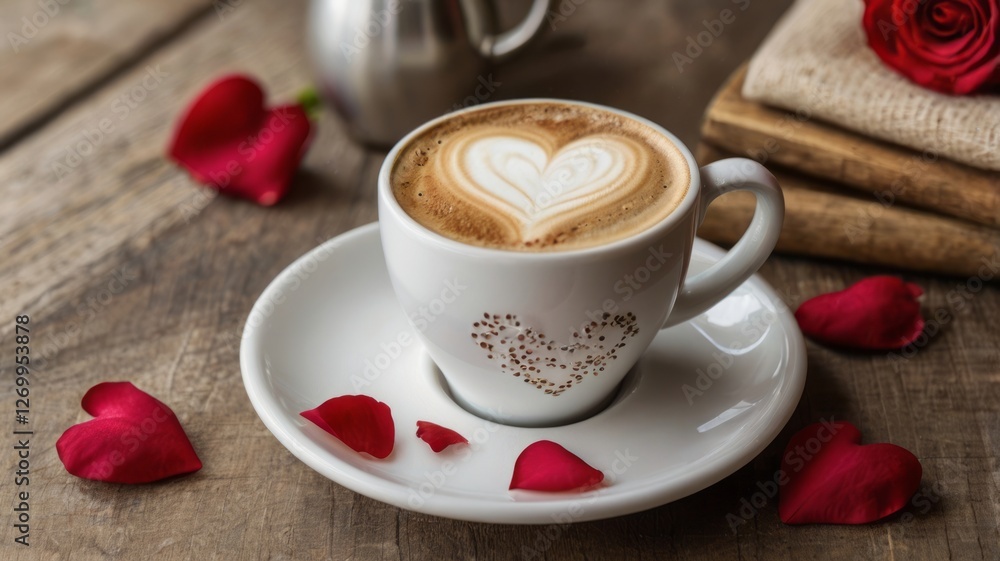 Romantic cappuccino with heart latte art and red roses on a rustic wooden table Romantic cappuccino with heart latte art and red roses on a rustic wooden table