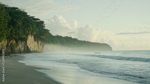 Idyllic Tropical Beach Scene: Cliffs, Lush Forest, and Gentle Waves