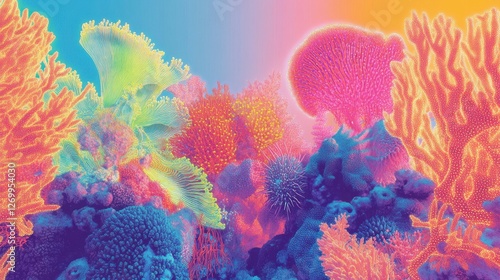 Fototapeta Naklejka Na Ścianę i Meble -  A vibrant underwater scene showcasing a colorful coral reef teeming with diverse marine life, illuminated by bright hues and glowing structures.