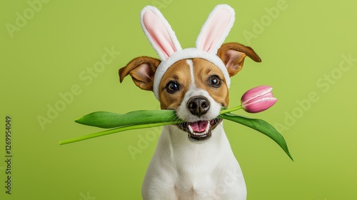 Adorable golden retriever wearing bunny ears and holding a tulip, symbolizing happiness, playfulness, Easter, and the joy of pets in a cheerful portrait, Generative AI photo