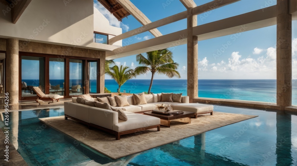 Fototapeta premium Luxury villa living room with ocean view and infinity pool.