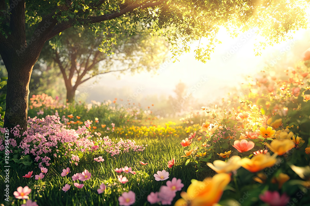 A beautiful natural landscape in a forest with tall trees, weeds and beautiful pink wildflowers blooming in a peaceful dense forest filled with sunlight. A beautiful natural landscape in a forest with tall trees, weeds and beautiful pink wildflowers blooming in a peaceful dense forest filled with sunlight.