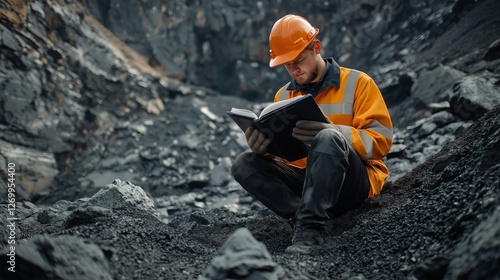 Dedicated mining engineer reading a book in a quarry, symbolizing knowledge, industry, education, professional growth, and technological progress in mining, Generative AI