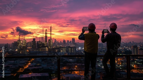 Engineers monitoring industrial development with digital tablets at sunset, representing urban growth, innovation, infrastructure, and smart city transformation, Generative AI photo