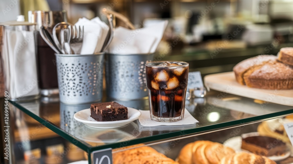 Iced coffee and brownie presented on a bakery display case Iced coffee and brownie presented on a bakery display case