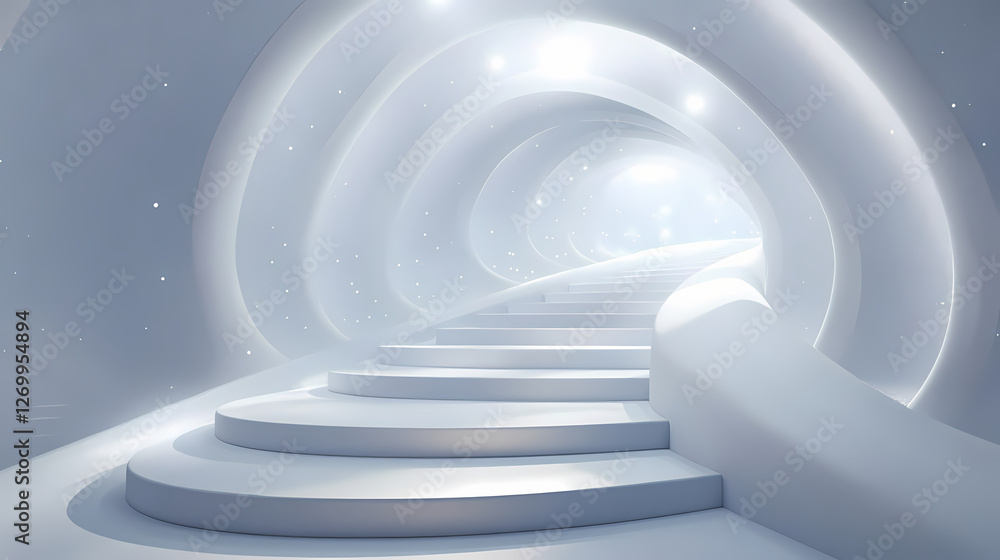Abstract stepped white podium with a layered effect, infinite seamless white luxury environment. Infinity Staircases. Illustration Abstract stepped white podium with a layered effect, infinite seamless white luxury environment. Infinity Staircases. Illustration