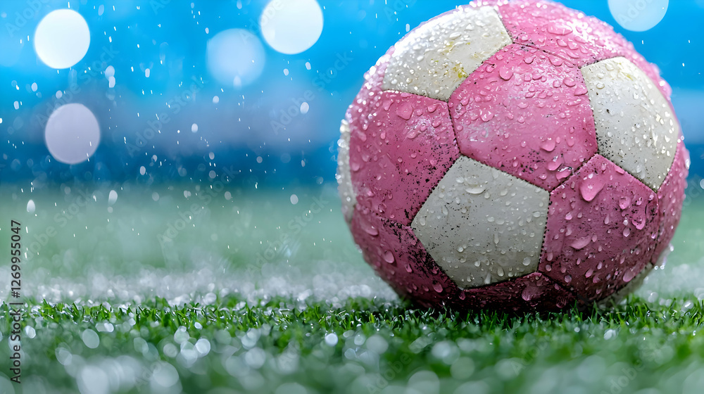Fototapeta premium Pink and white soccer ball covered in water droplets sits on a wet green grass field during a rainy day.