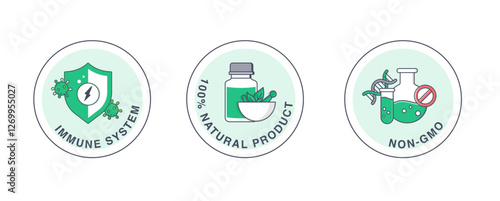 A vector icon set representing immune system support, 100% Natural Product, and Non-GMO Certification with a focus on natural products and non-GMO verification.