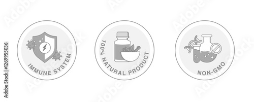 A vector icon set representing immune system support, 100% Natural Product, and Non-GMO Certification with a focus on natural products and non-GMO verification.