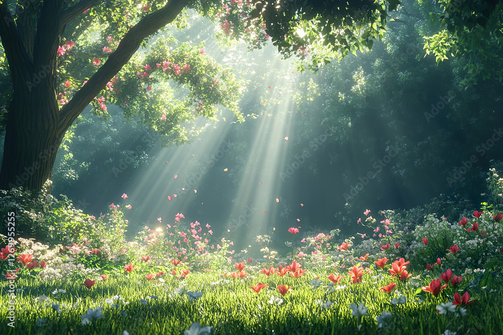 Obraz premium A beautiful natural landscape in a forest with large trees, weeds, and beautiful red wildflowers blooming in a peaceful, dense forest filled with sunlight.