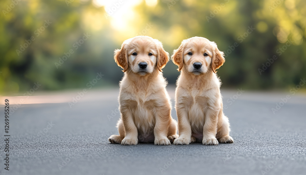Adorable golden retriever puppies sitting on pavement looking curious Adorable golden retriever puppies sitting on pavement looking curious