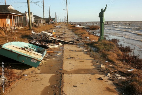 After hurricanes Helene and Milton, Gulfport Beach in Florida suffered storm surge damage, leaving ruts, gullies, water channels, and debris in the sand. The late afternoon sun shone brightly, photo