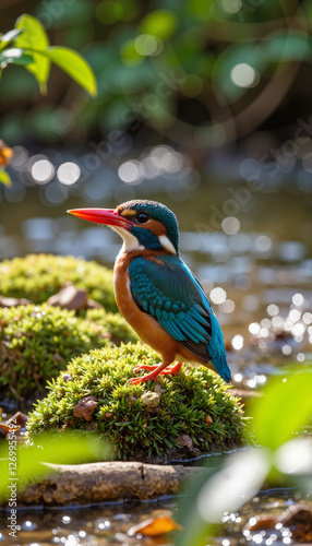 Vibrant kingfisher perched on mossy riverbank, nature's beauty photo