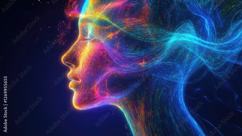 A digital portrait of a face with neon light trails symbolizing thought frequency and bioenergetic resonance