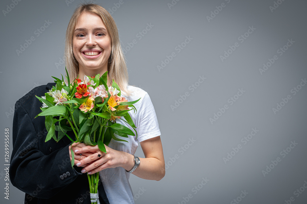 Portrait of a young, emotional girl with a bouquet of fresh spring flowers, smiling and excited. Studio shot with soft lighting and a neutral background that conveys emotions and natural beauty Portrait of a young, emotional girl with a bouquet of fresh spring flowers, smiling and excited. Studio shot with soft lighting and a neutral background that conveys emotions and natural beauty