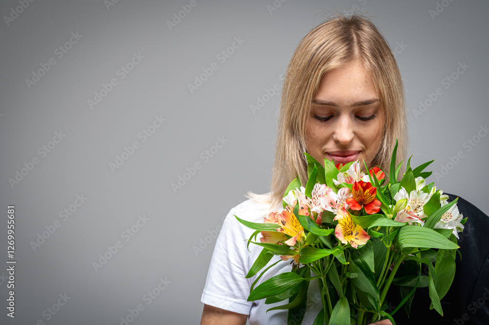 Portrait of a young, emotional girl with a bouquet of fresh spring flowers, smiling and excited. Studio shot with soft lighting and a neutral background that conveys emotions and natural beauty Portrait of a young, emotional girl with a bouquet of fresh spring flowers, smiling and excited. Studio shot with soft lighting and a neutral background that conveys emotions and natural beauty