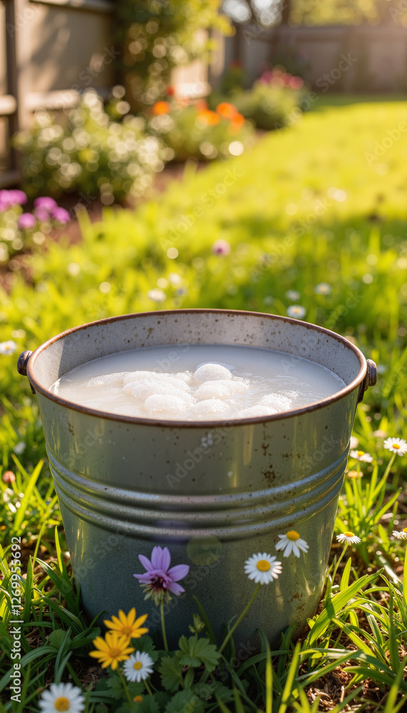 Rustic bucket filled with soapy water on grassy lawn, nostalgic charm Rustic bucket filled with soapy water on grassy lawn, nostalgic charm