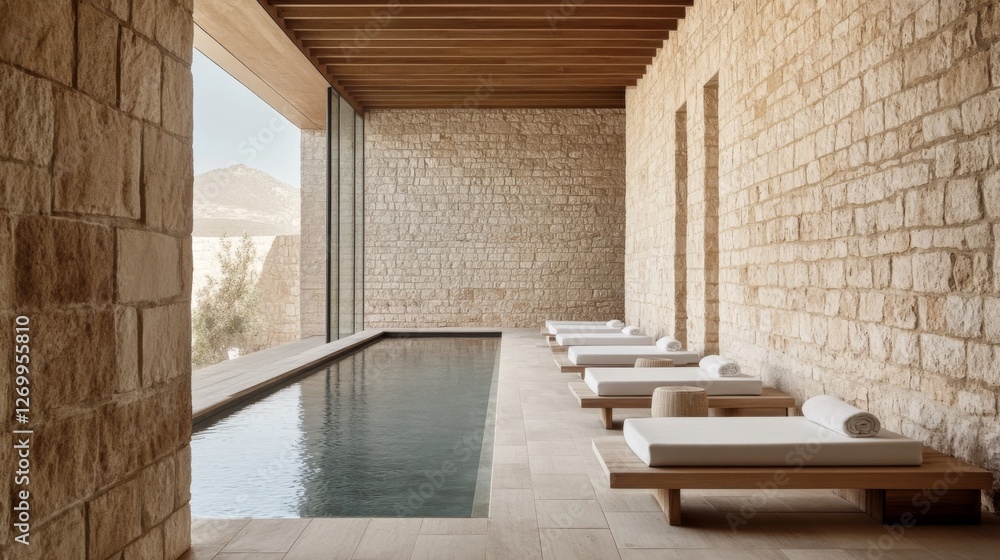 Fototapeta premium Modern spa pool overlooking desert mountains