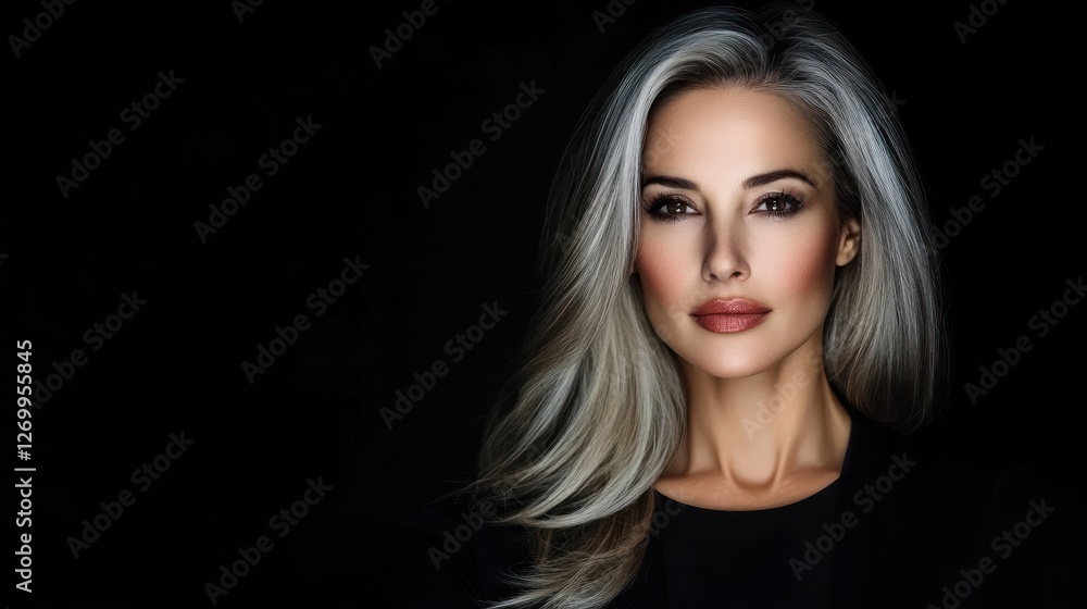 Fototapeta premium Elegant woman with gray hair poses against a dark background