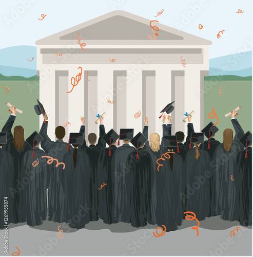 students crowd throwing graduation cap hat university college diplom traditional celebration ceremony school pupils in robe vector flat illustration school building outside town hall background