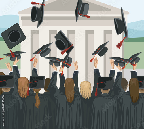 graduation    figures standing from behind gestrues throwing caps hats university college diplom traditional celebration ceremony school in robe vector flat illustration school building outside 