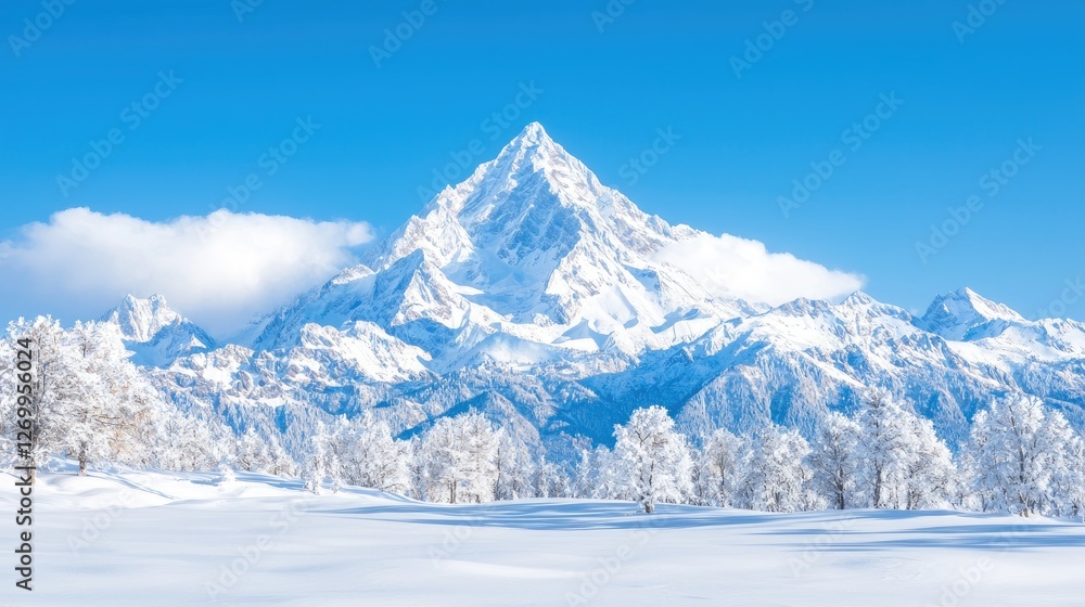 Obraz premium Majestic snow-covered mountain peak rising above a frozen forest of frosted trees under a clear blue sky in winter.