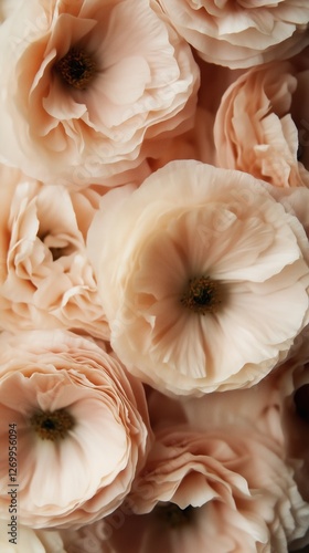 Delicate blush pink ranunculuses with softly ruffled petals, captured in an intimate macro perspective. The petals have a luminous, silk-like texture, gently reflecting light, bridal