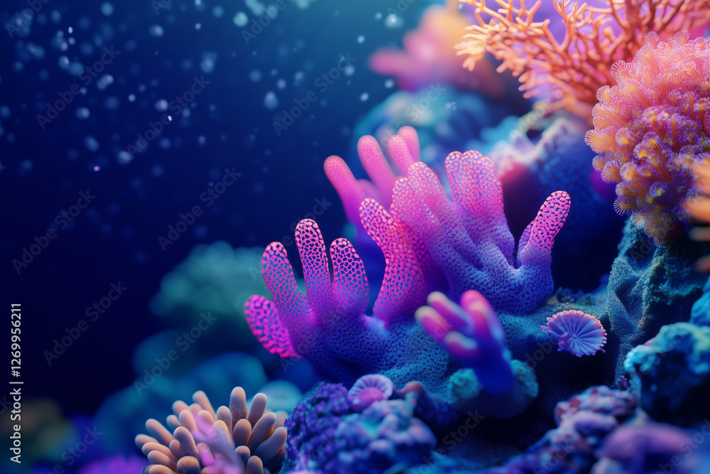 Fototapeta premium Underwater vibrant coral reef with glowing pink and blue corals, marine ecosystem beauty