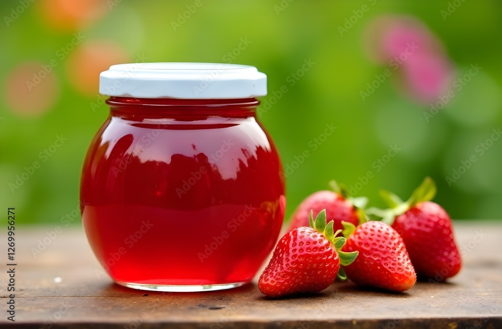 Strawberry jam. A jar of strawberry marmalade on a wooden surface against the backdrop of a green garden. Strawberry jam. A jar of strawberry marmalade on a wooden surface against the backdrop of a green garden.
