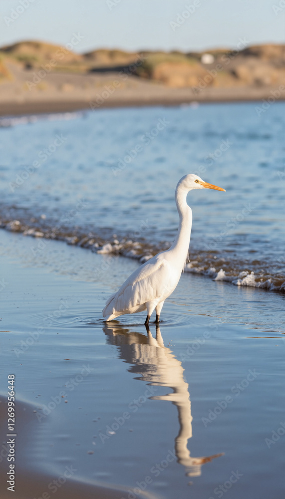Fototapeta premium Graceful egret wading in coastal estuary at sunrise, nature’s beauty